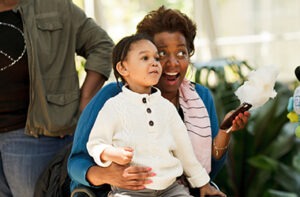 Mother and child watching performance.