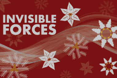 Maroon background with the text Invisible Forces and six pointed snowflake flowers in silver and gold