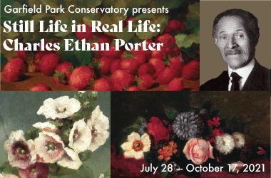 Still Life in Real Life: Charles Ethan Porter hero image. The image includes 3 floral paintings and a black and white photograph of Porter.