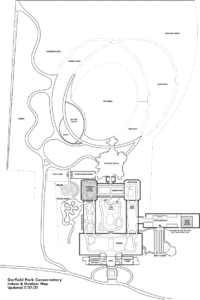This image is a map of the indoor and outdoor campus of Garfield Park Conservatory. There are many paths indicated for walkways and two grayed out boxes showing that the Children's Garden and the Jensen Room are closed.