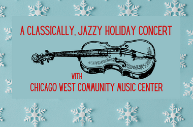 Text reads A Classically, Jazzy Holiday Concert. Text is over an image of snowflakes. There's an image of a violin between two lines of text